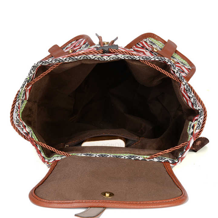 Green Bohemian Style Canvas Backpack - Leather Straps