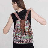 Green Bohemian Style Canvas Backpack - Leather Straps