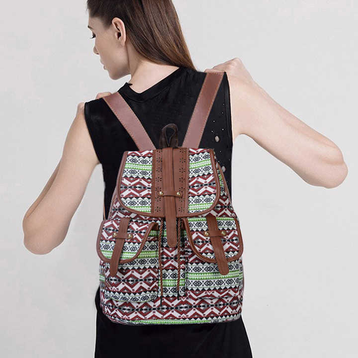 Green Bohemian Style Canvas Backpack - Leather Straps