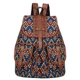 Lozenge Pattern Bohemian Style Canvas Backpack - Leather Straps