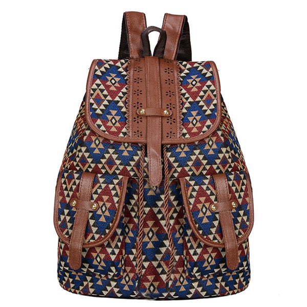 Lozenge Pattern Bohemian Style Canvas Backpack - Leather Straps