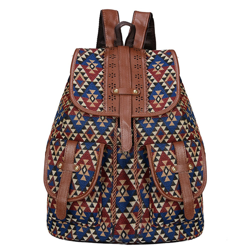Lozenge Pattern Bohemian Style Canvas Backpack - Leather Straps