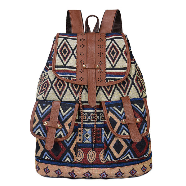 Circular Pattern Bohemian Style Canvas Backpack - Leather Straps
