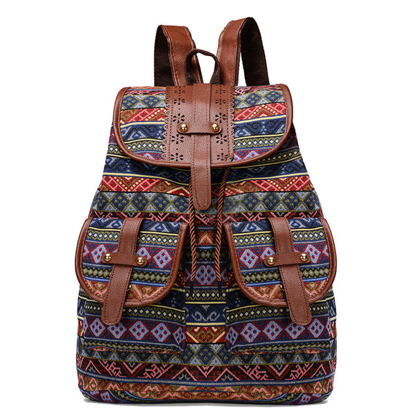 Diamond Pattern Bohemian Style Canvas Backpack - Leather Straps