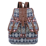 Blue Bohemian Style Canvas Backpack - Leather Straps