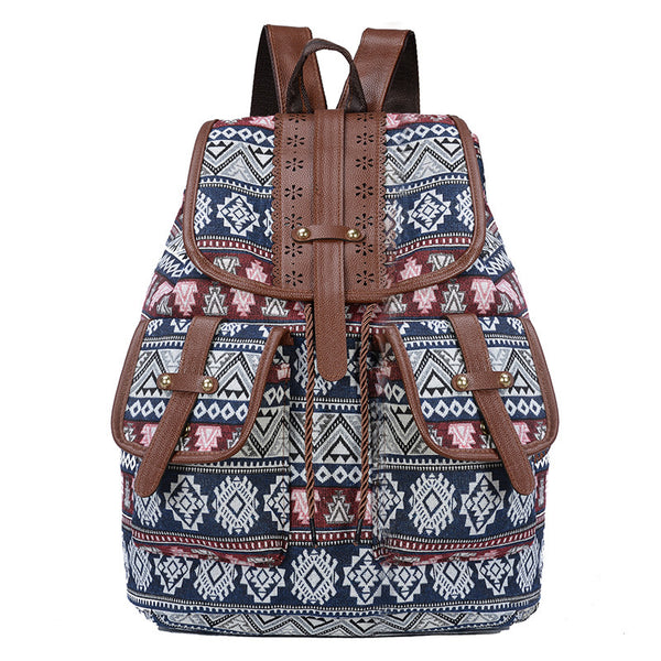 Blue Bohemian Style Canvas Backpack - Leather Straps