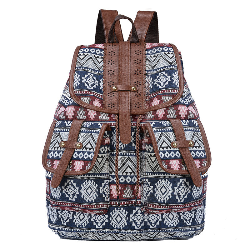 Blue Bohemian Style Canvas Backpack - Leather Straps