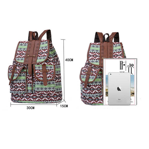 Blue Bohemian Style Canvas Backpack - Leather Straps