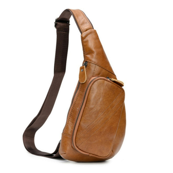 Light Brown Mens Leather Sling Backpack - Casual Crossbody Chest Bag