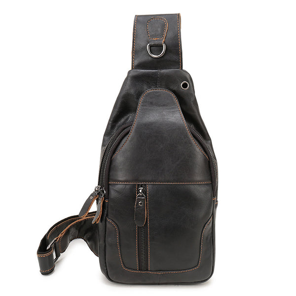 Black Mens Leather Sling Backpack - Casual Crossbody Chest Bag