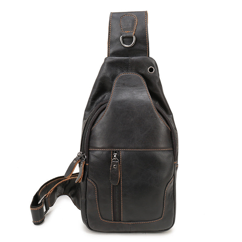 Black Mens Leather Sling Backpack - Casual Crossbody Chest Bag