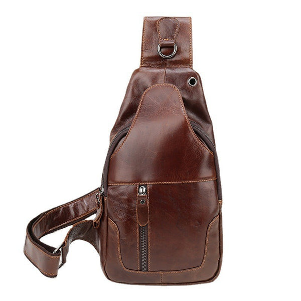 Brown Mens Leather Sling Backpack - Casual Crossbody Chest Bag
