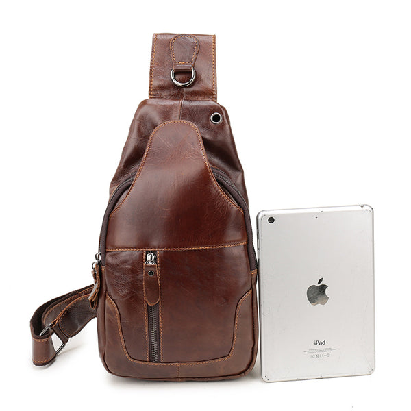 Brown Mens Leather Sling Backpack - Casual Crossbody Chest Bag