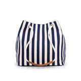 Canvas Bucket Tote Bag with Leather Handle - Blue Stripes