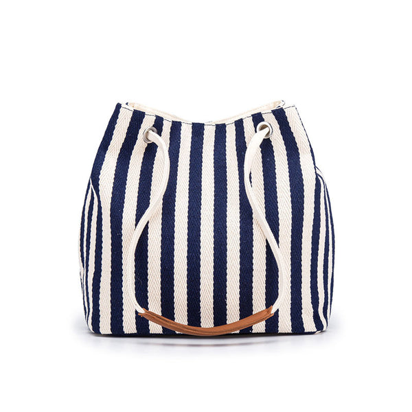 Canvas Bucket Tote Bag with Leather Handle - Blue Stripes