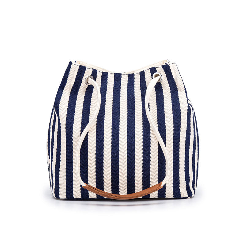 Canvas Bucket Tote Bag with Leather Handle - Blue Stripes