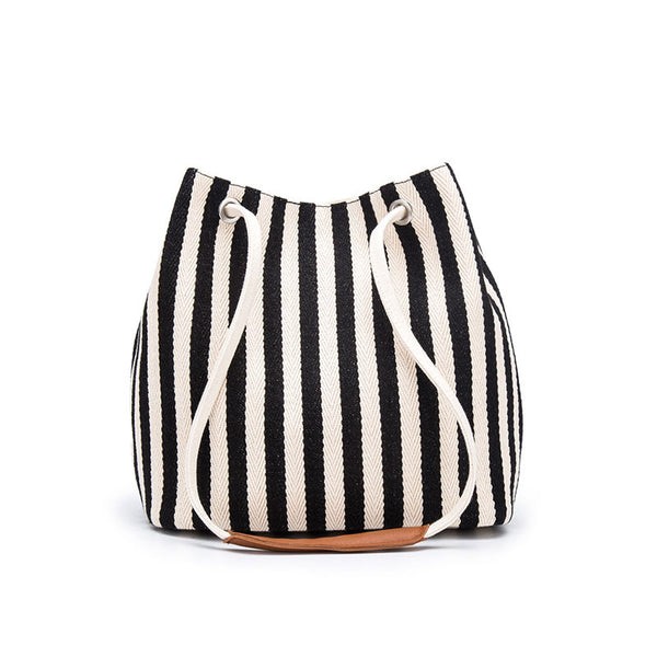 Canvas Bucket Tote Bag with Leather Handle - Black Stripes