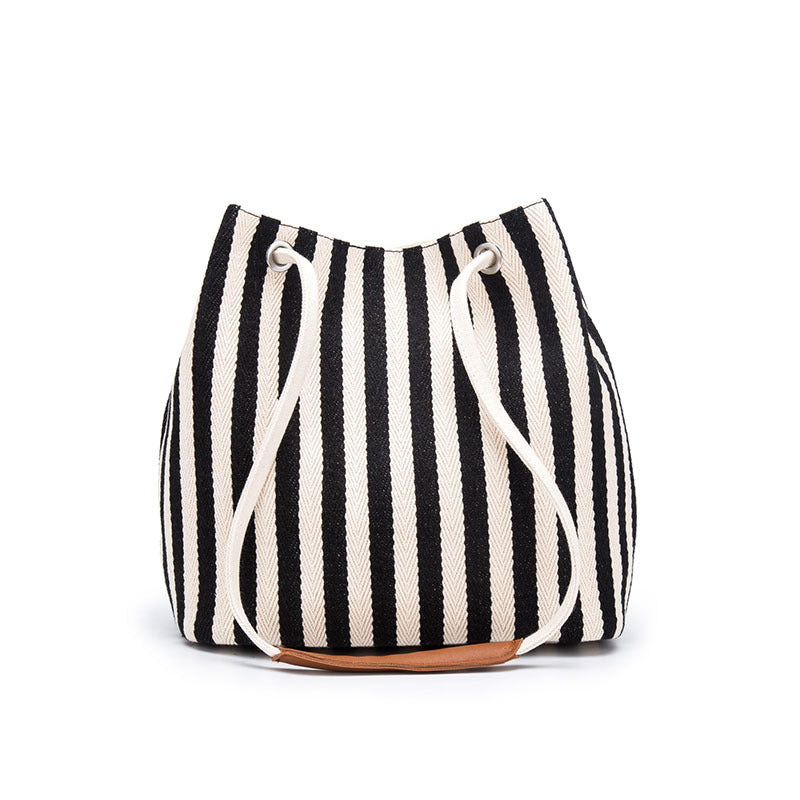 Canvas Bucket Tote Bag with Leather Handle - Black Stripes