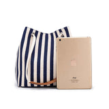 Canvas Bucket Tote Bag with Leather Handle - Black Stripes