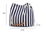 Canvas Bucket Tote Bag with Leather Handle - Black Stripes