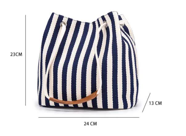 Canvas Bucket Tote Bag with Leather Handle - Black Stripes