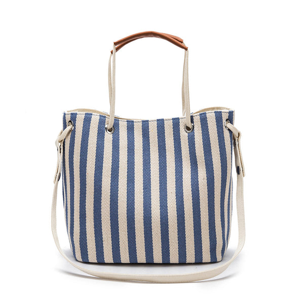 Canvas Bucket Tote Bag with Leather Handle - Light Blue Stripes