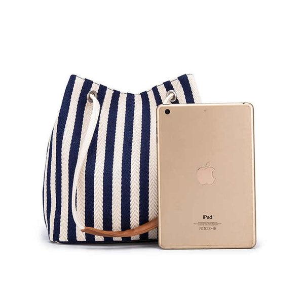 Canvas Bucket Tote Bag with Leather Handle - Light Blue Stripes