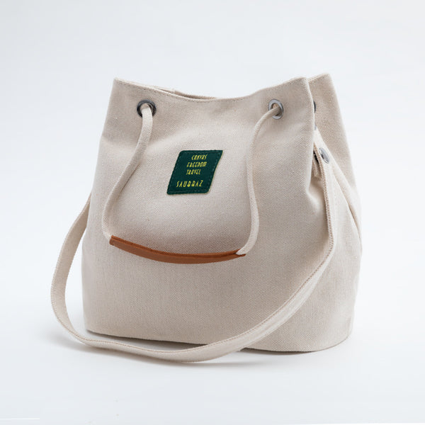 Canvas Bucket Tote Bag with Leather Handle - Beige
