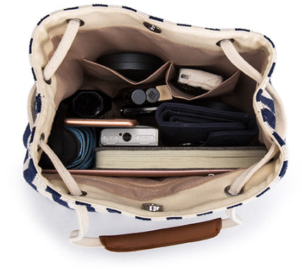 Canvas Bucket Tote Bag with Leather Handle - Beige
