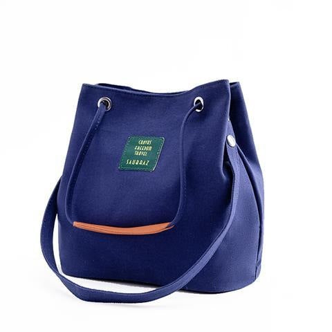 Canvas Bucket Tote Bag with Leather Handle - Blue