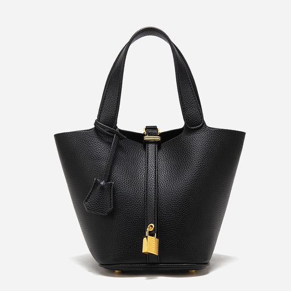 Black Elegant Leather Handbag with Gold Lock Detail