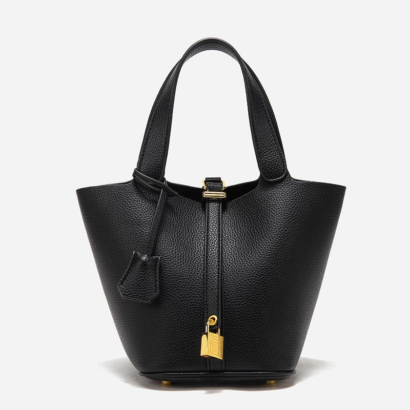 Black Elegant Leather Handbag with Gold Lock Detail