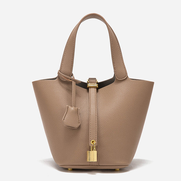 Fawn Elegant Leather Handbag with Gold Lock Detail