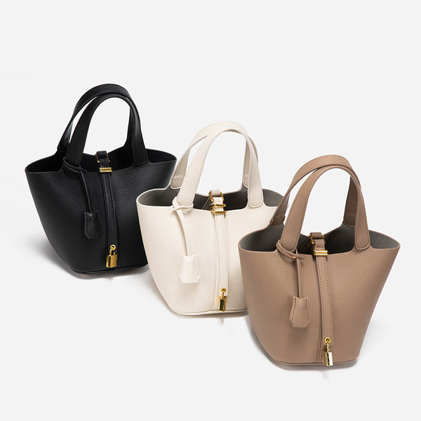 Fawn Elegant Leather Handbag with Gold Lock Detail