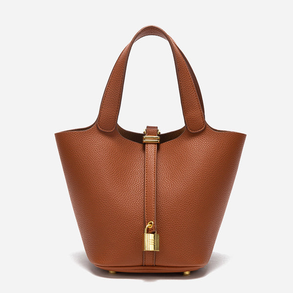 Brown Elegant Leather Handbag with Gold Lock Detail