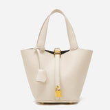 Beige Elegant Leather Handbag with Gold Lock Detail