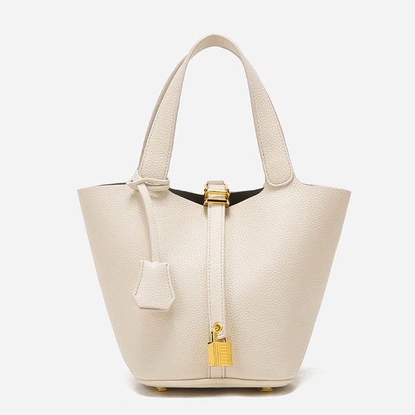 Beige Elegant Leather Handbag with Gold Lock Detail