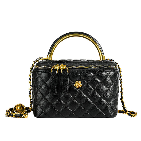 Black Luxury Quilted Mini Box Handbag with Chain Strap and Metal Handle - Evening Purse