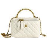 White Luxury Quilted Mini Box Handbag with Chain Strap and Metal Handle - Evening Purse