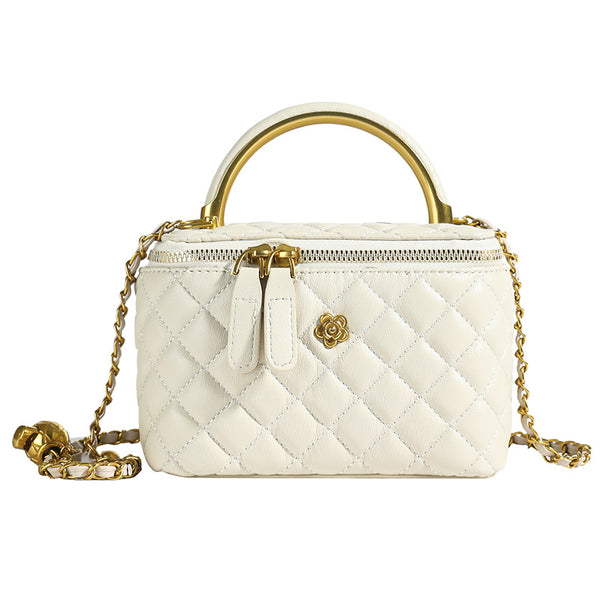 White Luxury Quilted Mini Box Handbag with Chain Strap and Metal Handle - Evening Purse