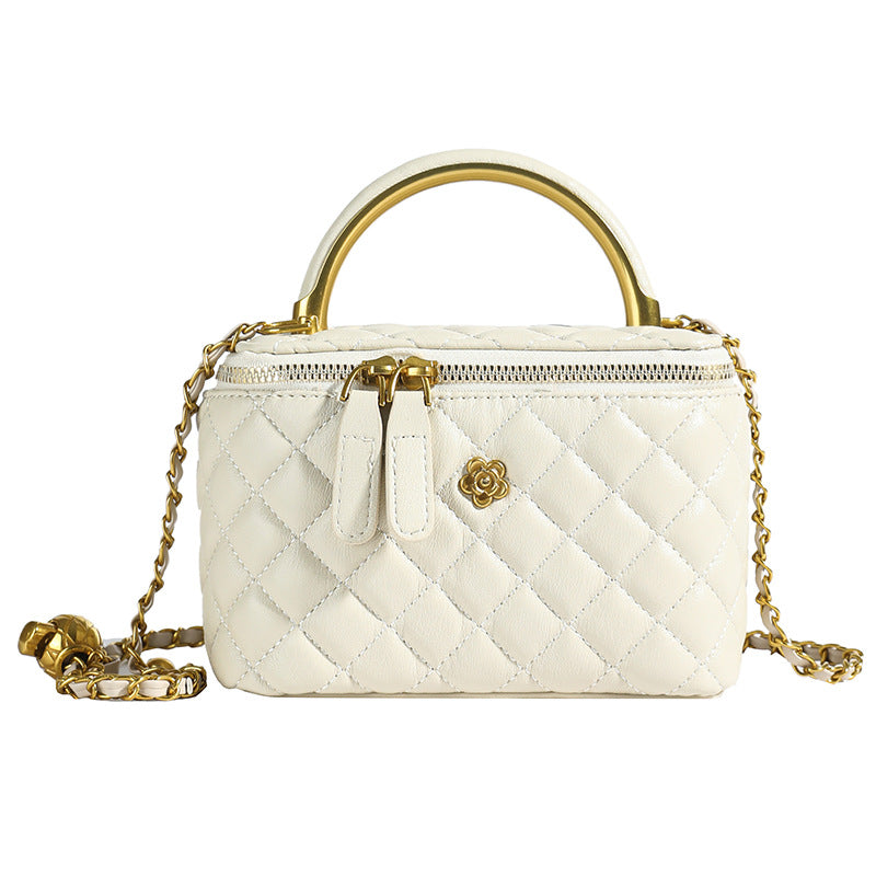 White Luxury Quilted Mini Box Handbag with Chain Strap and Metal Handle - Evening Purse
