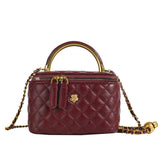 Wine Red Luxury Quilted Mini Box Handbag with Chain Strap and Metal Handle - Evening Purse
