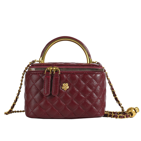 Wine Red Luxury Quilted Mini Box Handbag with Chain Strap and Metal Handle - Evening Purse