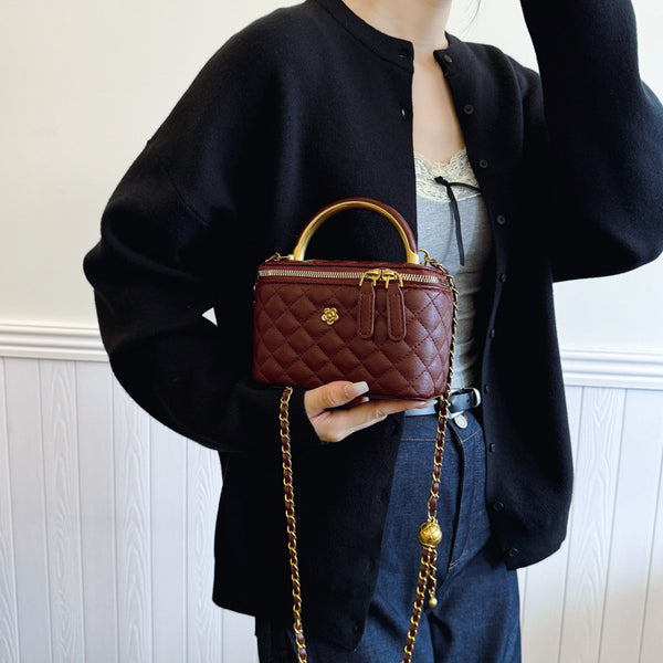 Wine Red Luxury Quilted Mini Box Handbag with Chain Strap and Metal Handle - Evening Purse