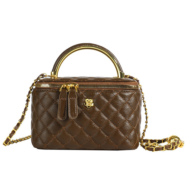 Brown Luxury Quilted Mini Box Handbag with Chain Strap and Metal Handle - Evening Purse