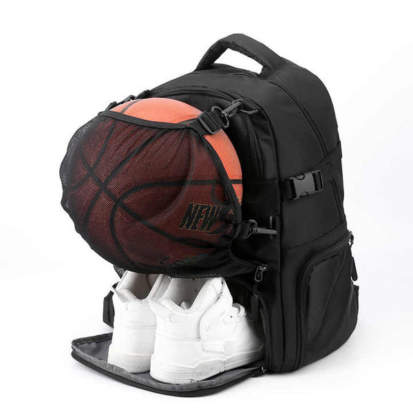 Black Large Capacity Sports Backpack, Waterproof Basketball & Soccer Bag, Separate Shoe Compartment