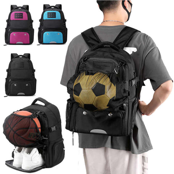 Black Large Capacity Sports Backpack, Waterproof Basketball & Soccer Bag, Separate Shoe Compartment