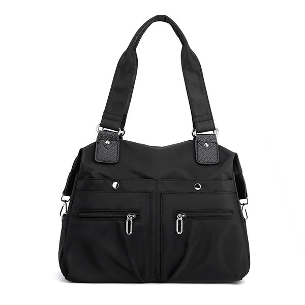 Large Capacity Nylon Tote Bag for Work and Commute | Multi-Pocket Shoulder Bag - Black