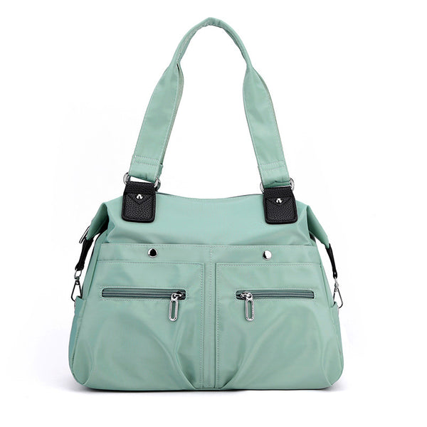Large Capacity Nylon Tote Bag for Work and Commute | Multi-Pocket Shoulder Bag - Light Green