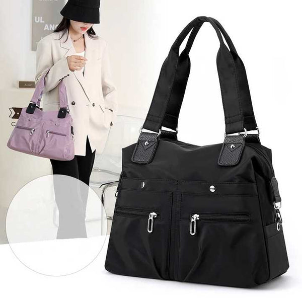 Large Capacity Nylon Tote Bag for Work and Commute | Multi-Pocket Shoulder Bag - Dark Blue